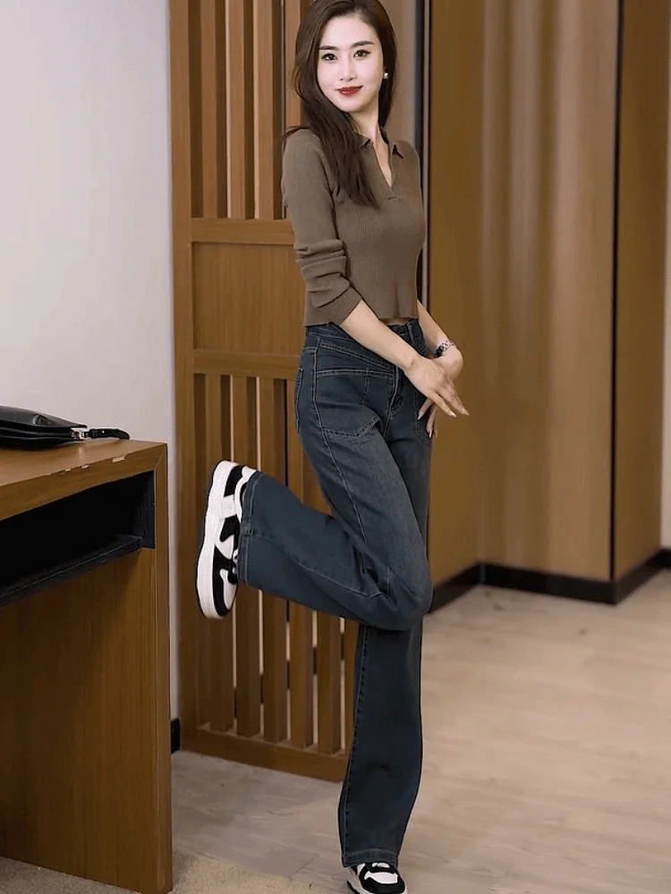 

Джинсы с высокой талией и прямыми штанинами, женские, свободного кроя, больших размеров, в американском ретро-стиле, осенне-зимние, новые, универсальные, повседневные.