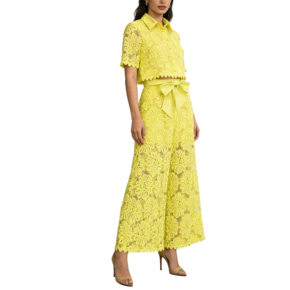 

Luxury Scalloped Lace Two Piece Dress Set Elegant Floral Gown Style Wide Leg Pants Suit for Formal Wedding Guest Evening Party