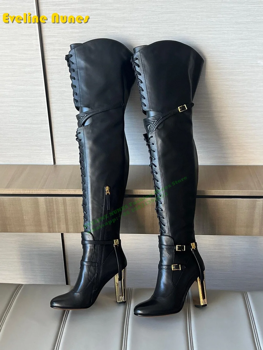 

2024 Strange Style Cross Tied Knight Boots Pointed Toe Belt Buckle Cut Out Patchwork Sexy Over The Knee Boots Runway Show Trend