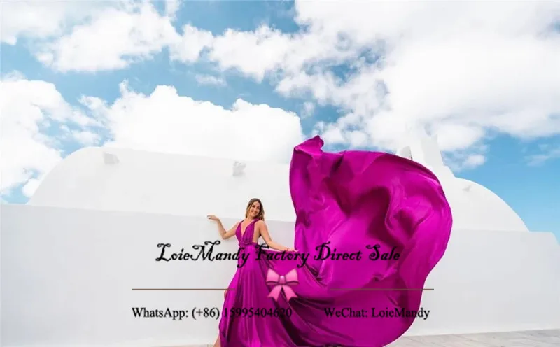 Fushsia Flying Evening Dresses para Photoshoot, Formal Backless, Long Flowy Prom Dress, Divisão lateral encantadora