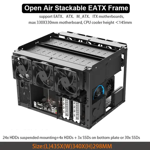 Stapelbare 28 HDD open luchtframe mijnbouwbehuizing Computerbeugel EATX ATX Micro-ATX ITX-testbank voor Crypto Rig AI GPU Build