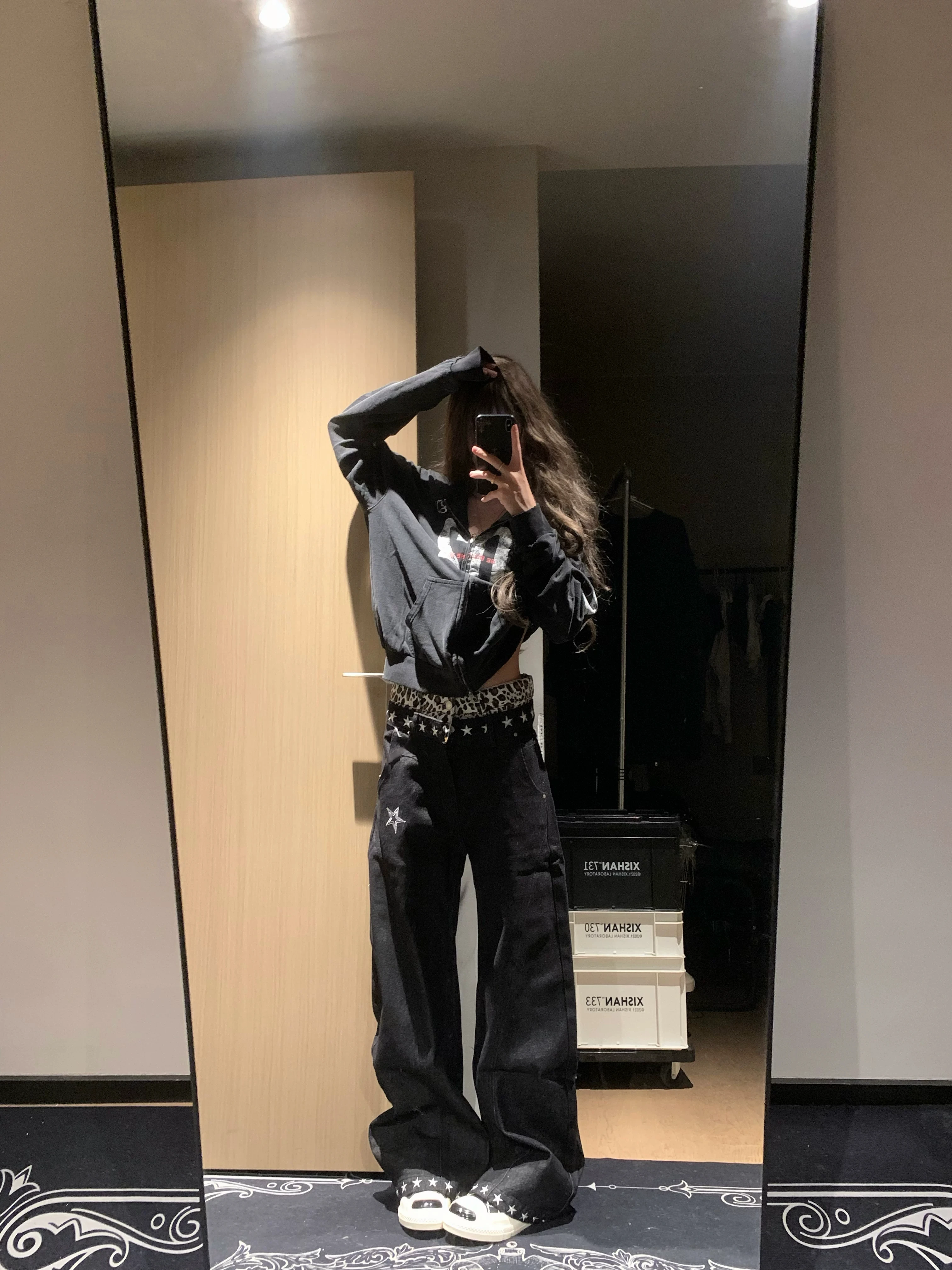 Retro American Star Leopard Print Patchwork Fake Two-Piece Jeans Wide Leg Pants for Men And Women Autumn Street Style Jeans