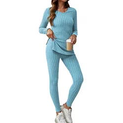 Plus Size Casual Outfits Sets Women's Plus Solid Ribbed Long Sleeve Round Neck Split Hem Top & Pants Outfits 2 Piece Set