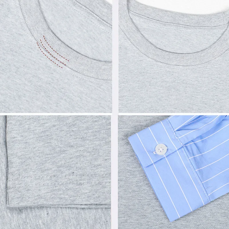 Japanese Korean Casual Sweatshirts Men Straight Base Shirt Splicing Striped Sleeves Fake Two-piece Solid Color Pullover T-shirt