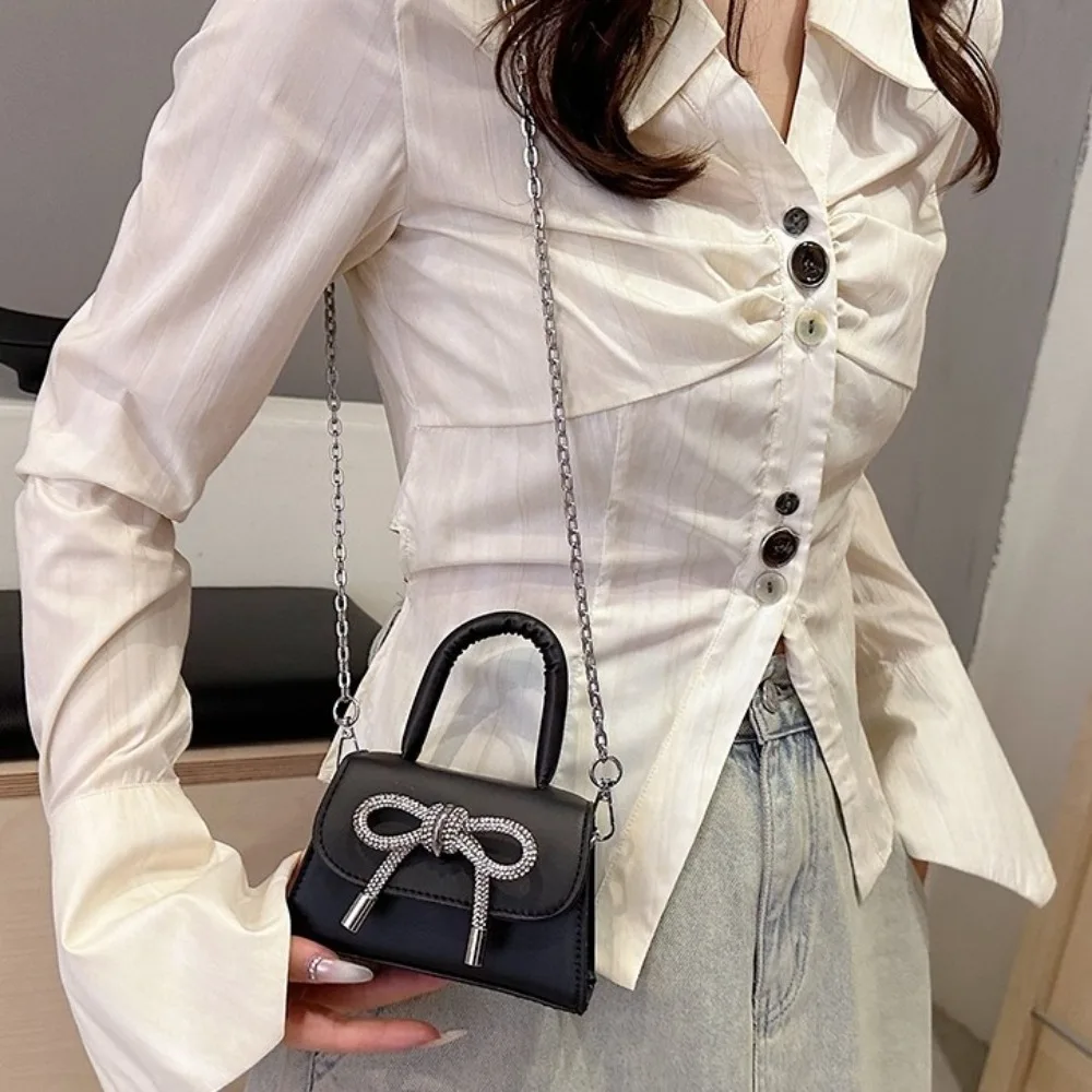 Bolso de hombro con lazo de diamantes de imitación de PU, Mini bolso cruzado con lazo de Color sólido, bolso de maquillaje, bolso de lápiz labial, bolso de mano de noche para fiesta