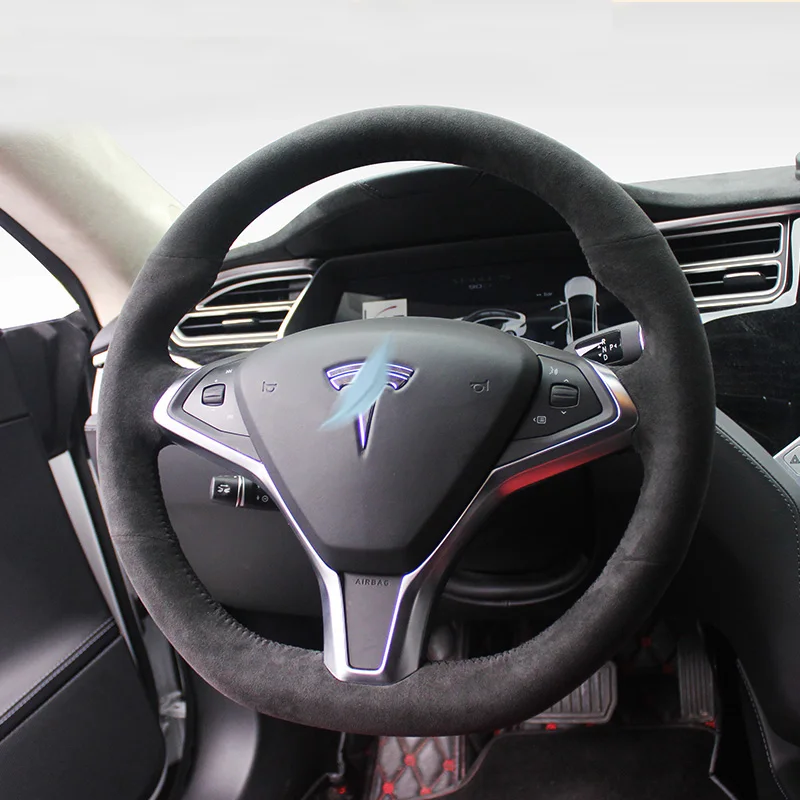 Suede Leather for Tesla Model X Model S Hand Sewing Car Steering Wheel Cover Protection Interior Car Accessories Charcoal Grey