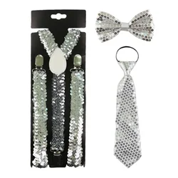 Unisex Shiny Sequins Bowtie Necktie and Adjustable Suspenders with Metal Clip Set for Wedding Party Glittering Effects R7RF