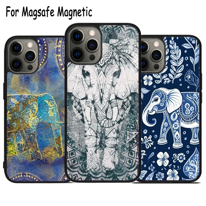 

Elephant-Aztec-Blue Wireless Charge Magsafe Phone Case For iPhone 15 16 14 13 11 12 Pro Max Plus Magnetic Bumper Cover