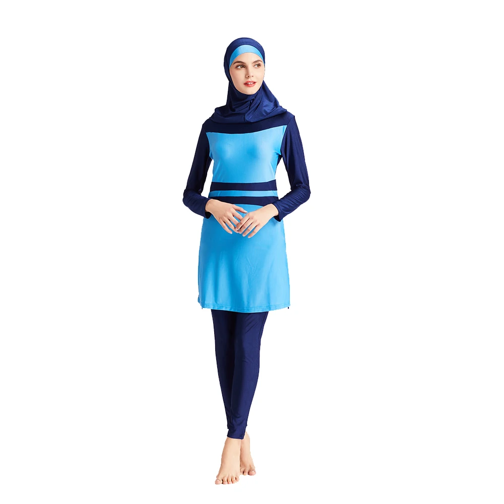 Muslim Women's Long Sleeve Burkini Swimsuit, Beach Wear, Light Blue Patchwork, Diving Suit, Swimwear, New, S-6XL, 3Pcs