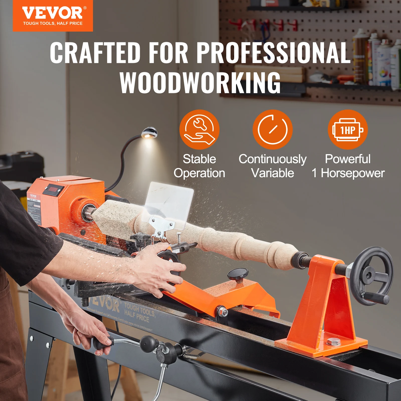 VEVOR Wood Lathe w/ Copy Attachment, 13.78x37.8 in, 1 HP 750W Woodworking Lathe w/Stand,Continuously Variable Speed 680-2520 RPM