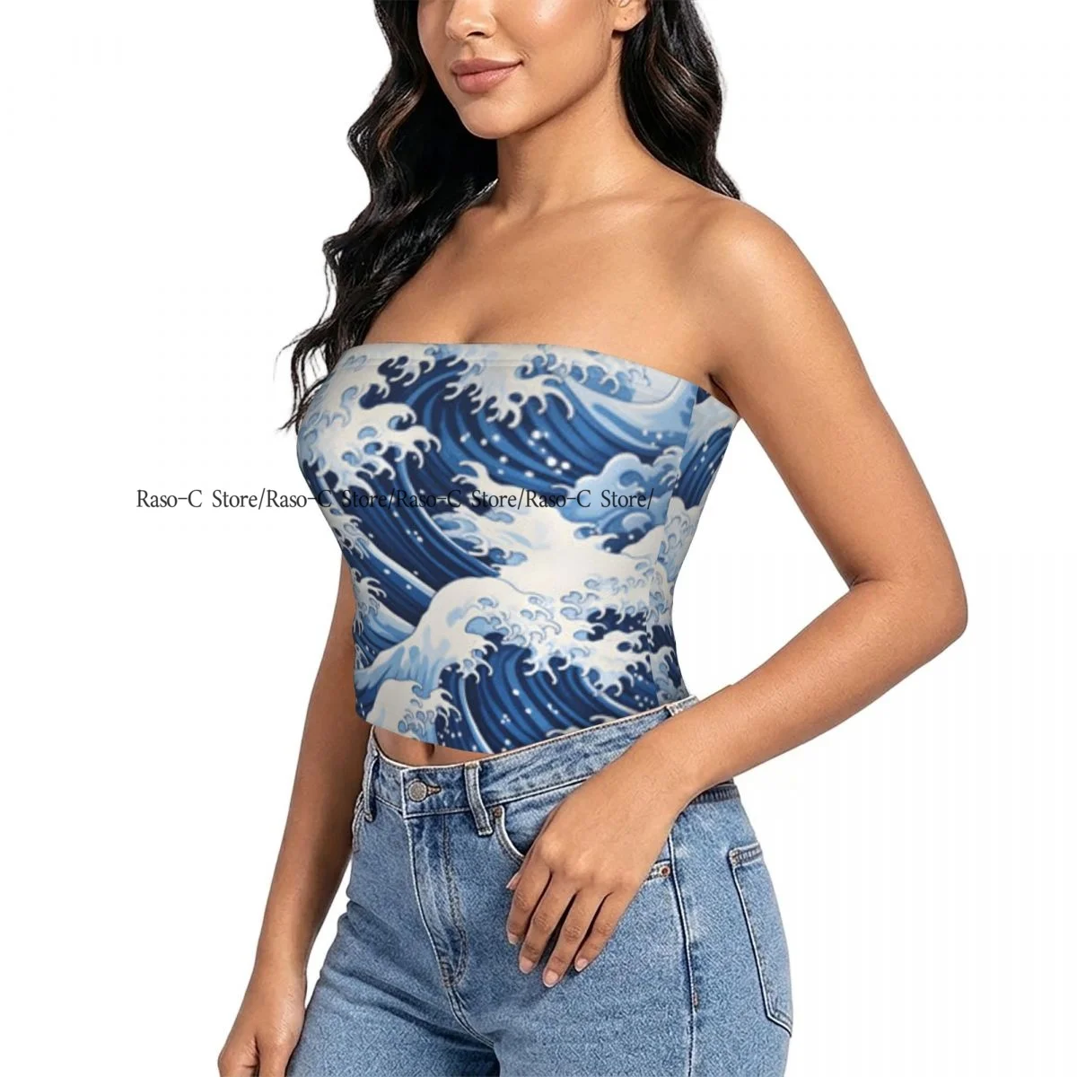 Women Block Crop Slim Tube Top Sea Waves Background Strapless Top For Summer Female Clothing