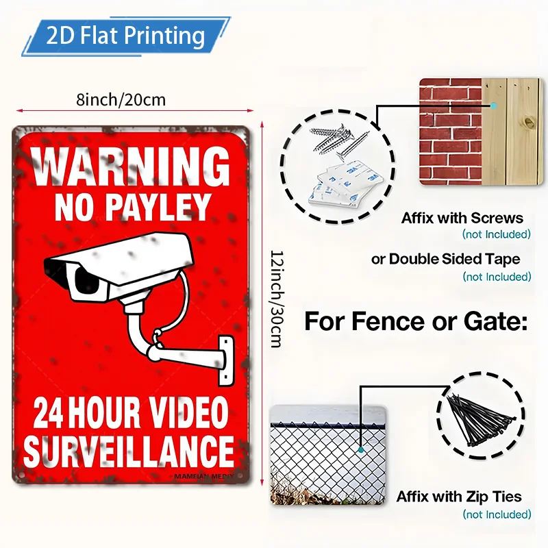 1 قطعة 8x12 بوصة علامة معدنية 2D علامة تحذير مطبوعة مسطحة-24 ساعة للمراقبة بالفيديو جدار معدني الفن #2