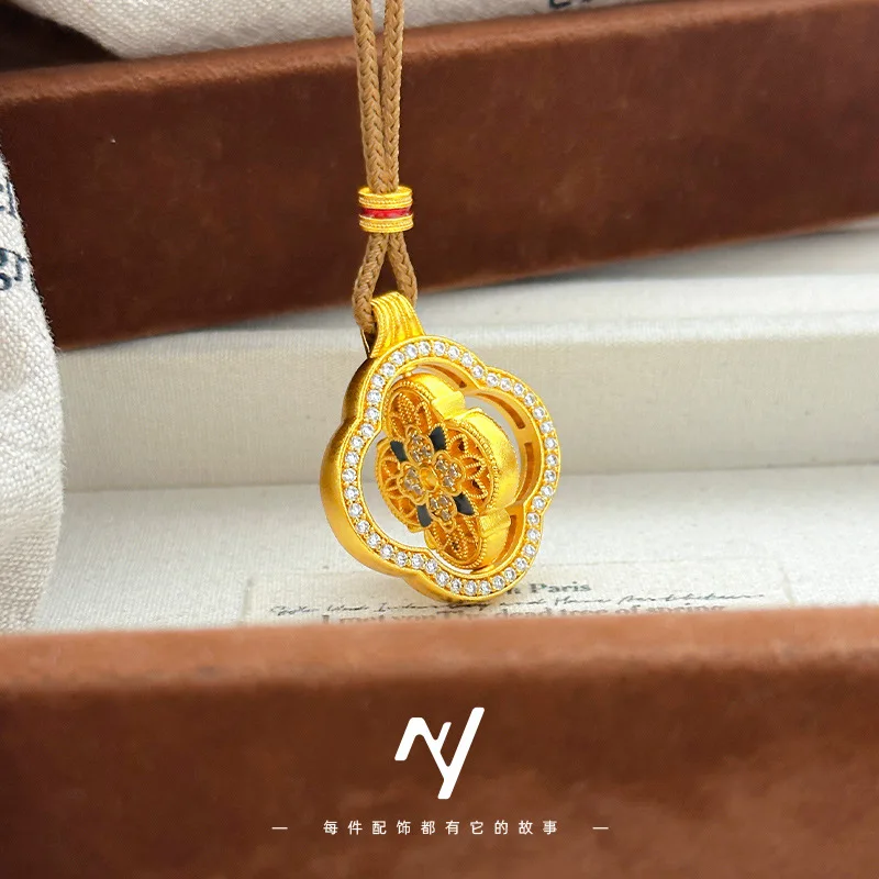 

luxury real gold jewelry 24k certifid ancient diamond hollow filigree rotating four-leaf flower pendant necklace braided