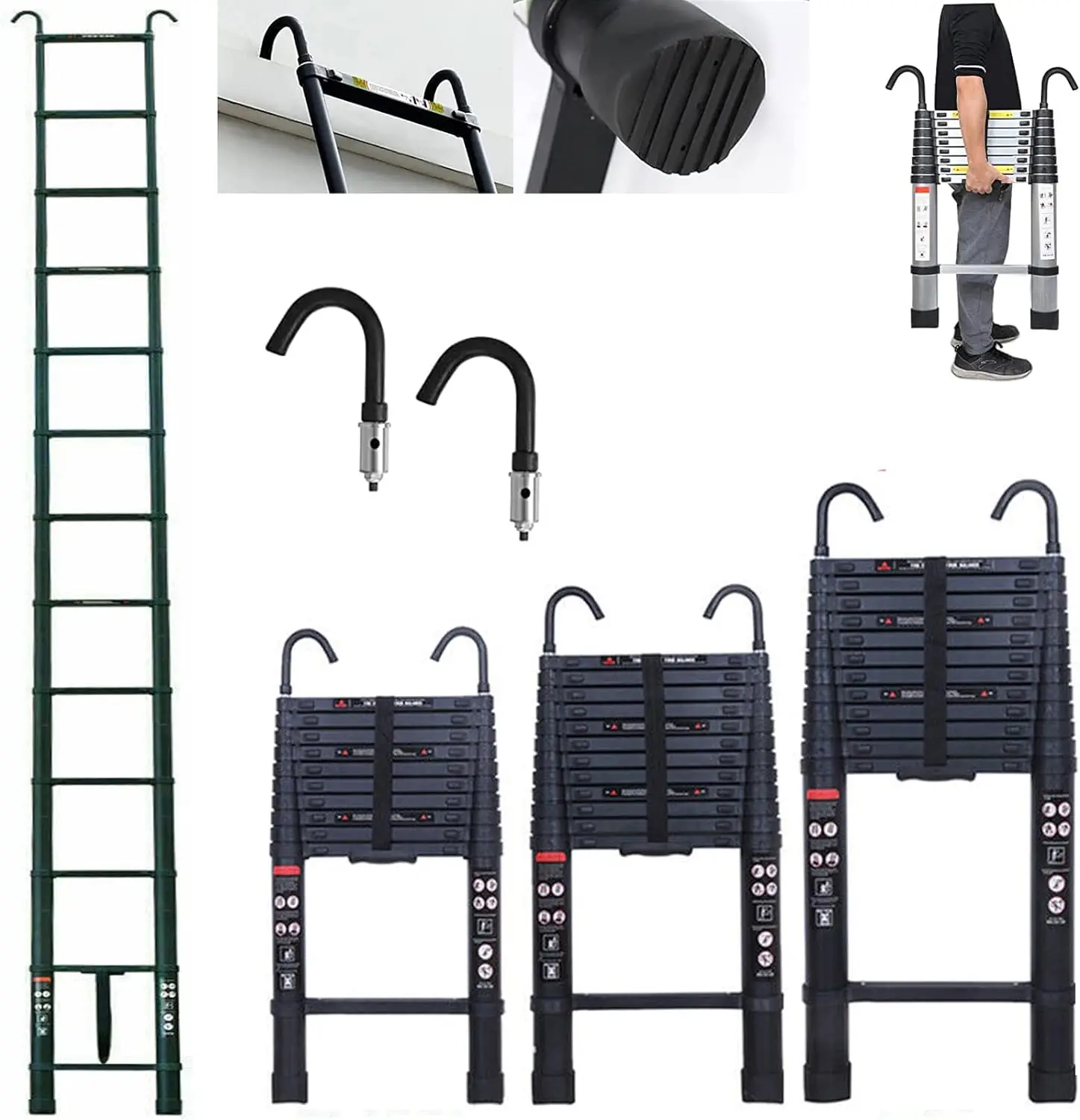 DayPlus 3,2-6,2M telescopische ladder met dakhaakset Aluminium Draagbaar Multifunctioneel Opvouwbaar Draagbaar Zwaar uitgevoerd Uitschuifbaar