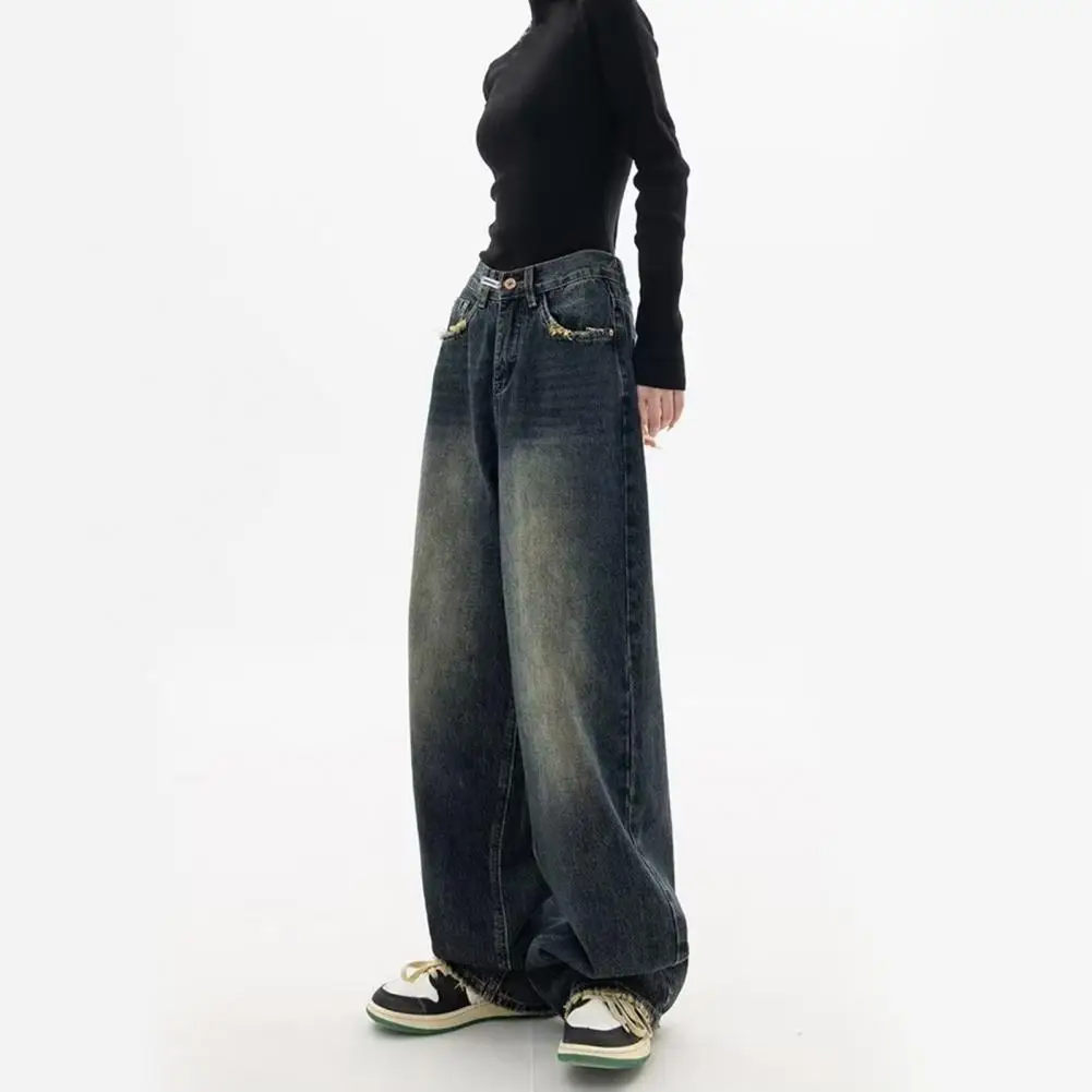 Jean Denim Vintage à Jambes Larges et Taille Haute pour Femme Streetwear avec Poches à l'Entrejambe Profonde et lèvent à la Mode