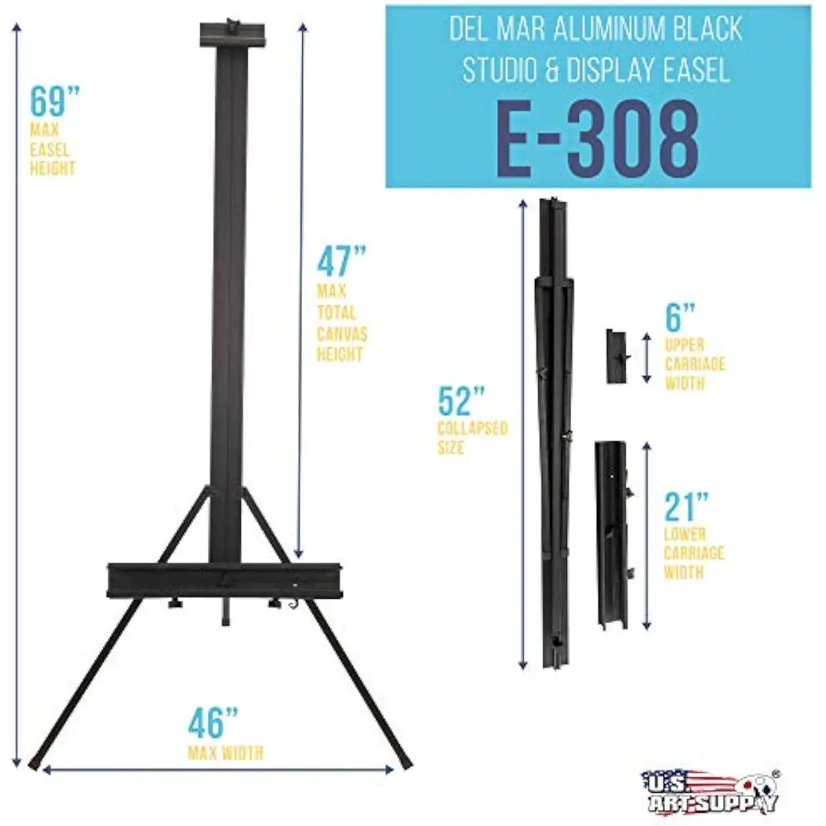 69 inch tall aluminum studio easel with single mast design for canvas display up to 47 inches height adjustable carriage trays n
