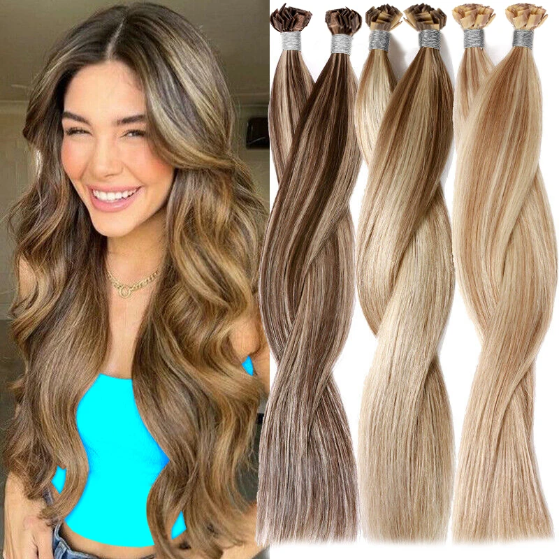 Straight hair Flat tip Hair Extensions Natural Real Human Fusion Hair Extensions Set Keratin Capsule Brown Blonde Color 30 Inch