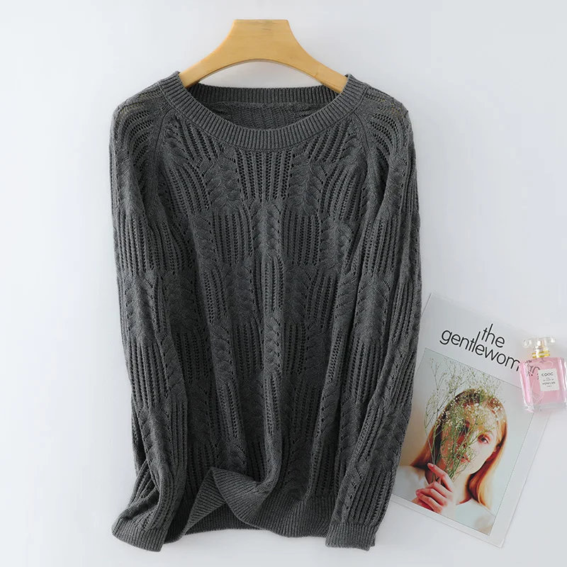 High Quality Women\'s Knitted Sweaters Lady Hollow Out Pure Cotton Pullover See Through Look Raglan Sleeve Loose Tops Smock