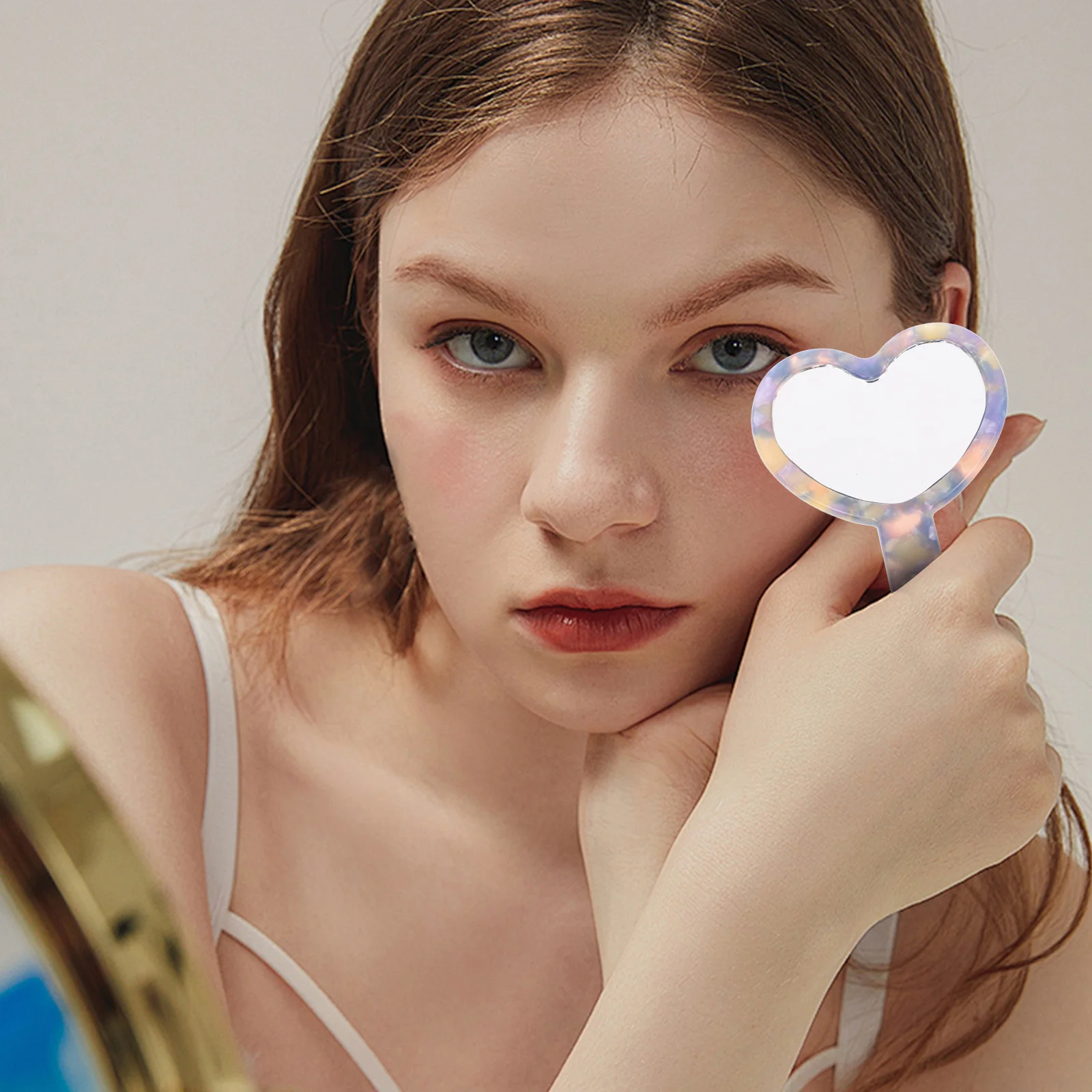 Placa de acetato em forma de coração espelho de mão de maquiagem portátil pequeno bonito espelho compacto viagem acessível estilo vintage