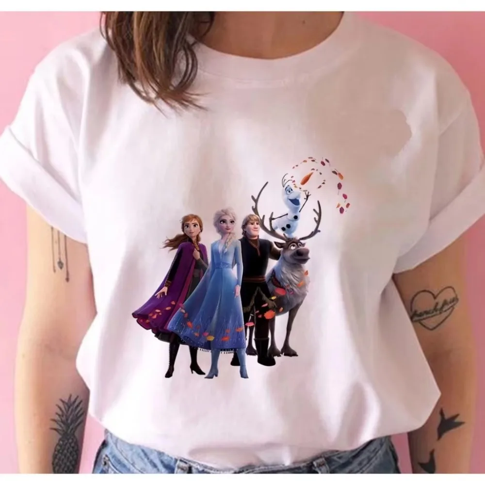 디즈니 겨울왕국 안나 공주 여름 티셔츠 캐주얼 루즈 오버사이즈 편안한 반팔 남녀 공용 면 통기성