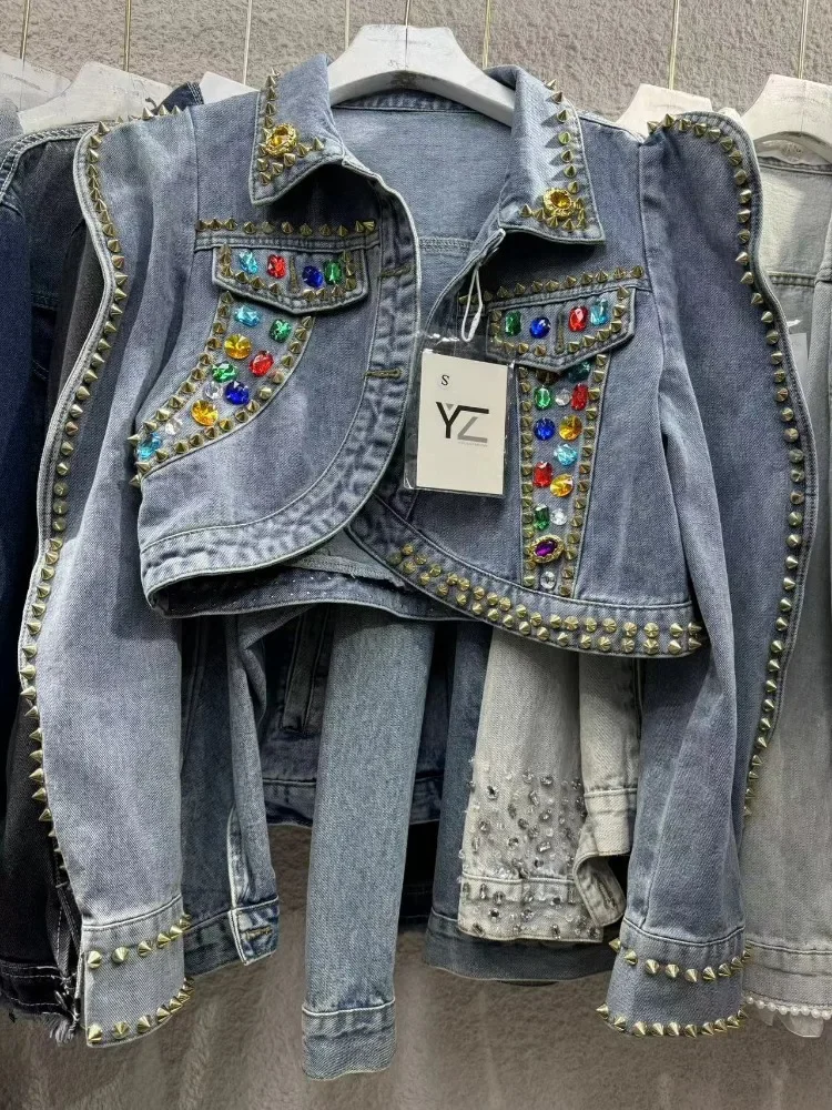 Vintage Blue Irregular Hem Slim Short Denim Jacket Women Spring Autumn Streetwear Lapel Long Sleeve Diamonds Rivet Jeans Coat