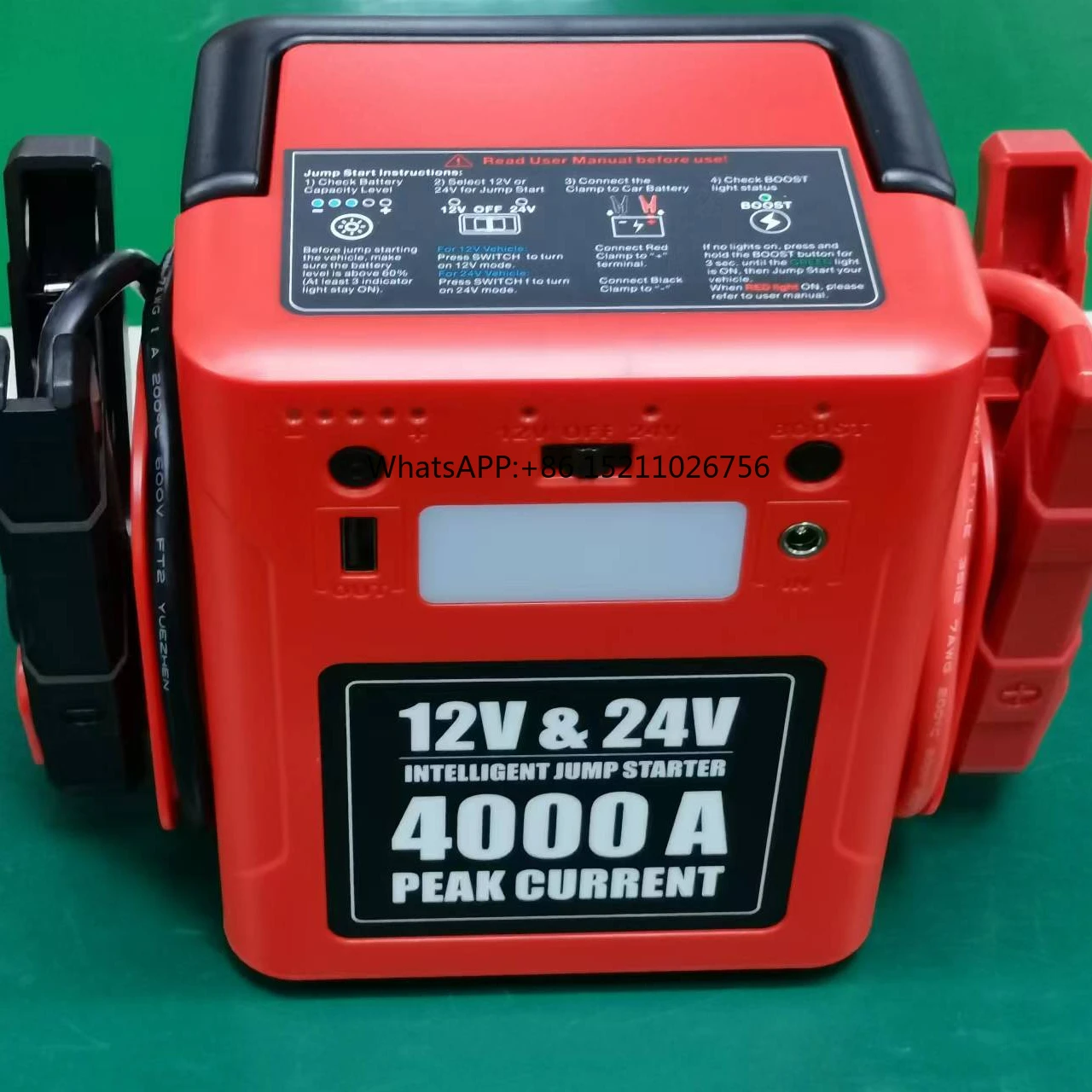 Multi-function 12V 24V Rechargeable Battery PoweredJump Starter  peak current 4000A booster