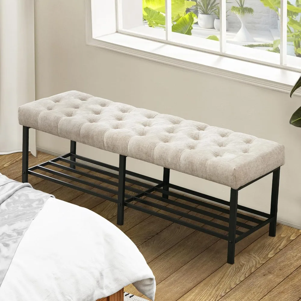 Upholstered Storage Shoe Bench with Metal Base, Dinning Tab,55.5" End of Bed Bench, Modern Chenille Button Tufted Bedroom Bench