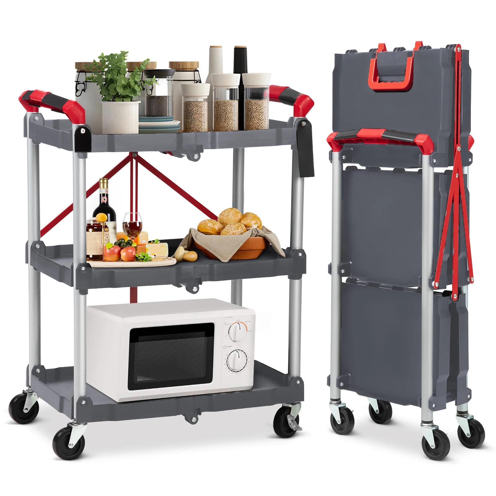 

Portable Folding Service Cart, 3 Tier Folding Utility Cart, Collapsible Utility Carts for Office, Warehouse, and Home, 56 Lbs