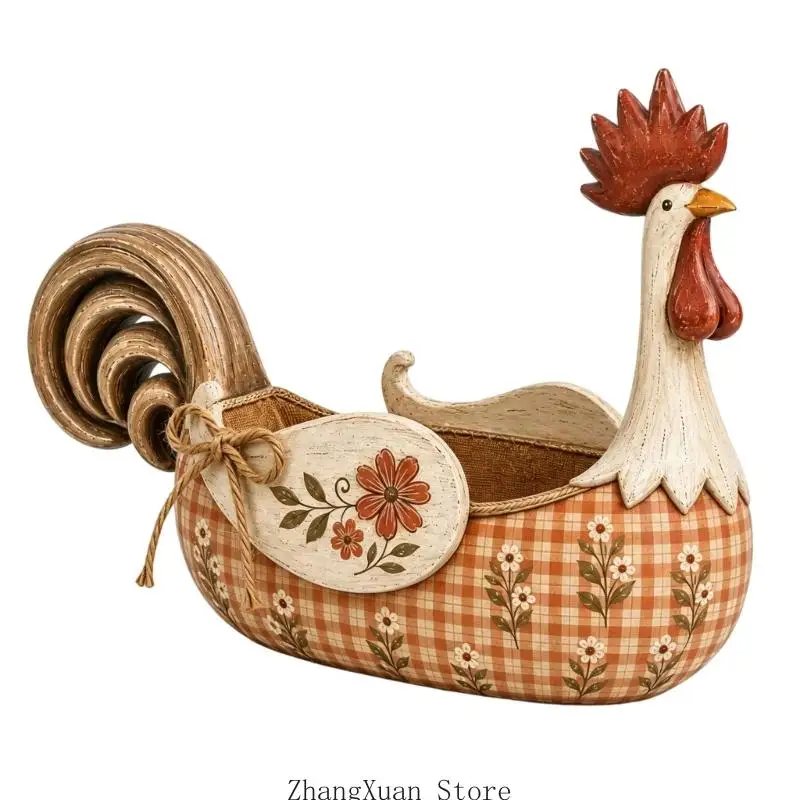 Country Chicken Besteckbehälter aus Holz mit deckellosem Zugang und Gingham-Blumendetail für die Tischorganisation 3XUF – Detail 2