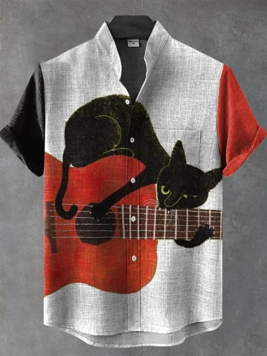 2025 남성 첼로 악기 테마 반팔 셔츠 여름 레트로 뉴 린넨 남성 반팔 탑 레저 휴가 스트리트웨어