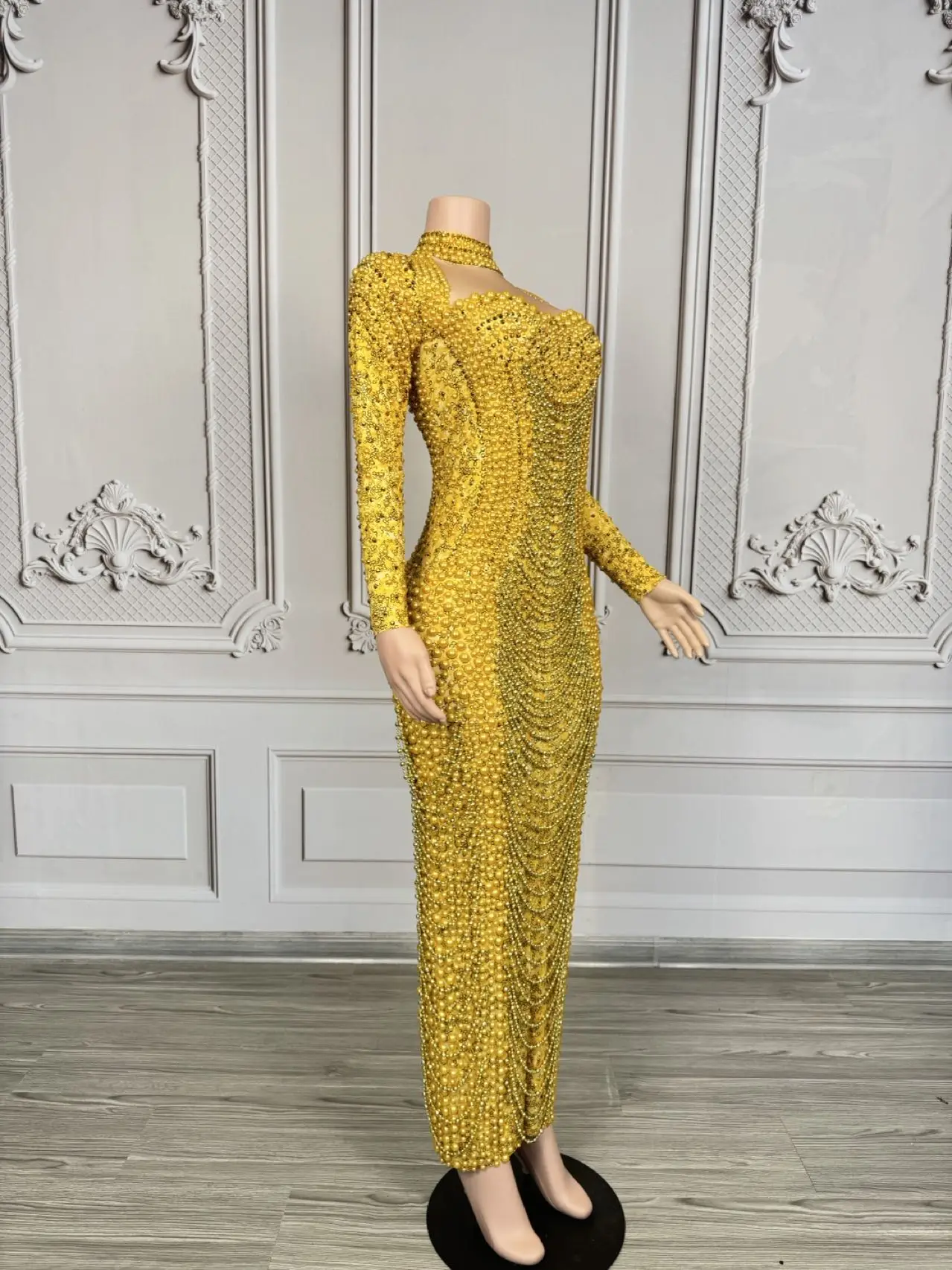 Elegancka, seksowna, błyszcząca sukienka długa z perłami i cyrkoniami Jincancan, damska, na przyjęcie urodzinowe, wieczór, studniówkę, wesele, luksusowe sesje zdjęciowe.