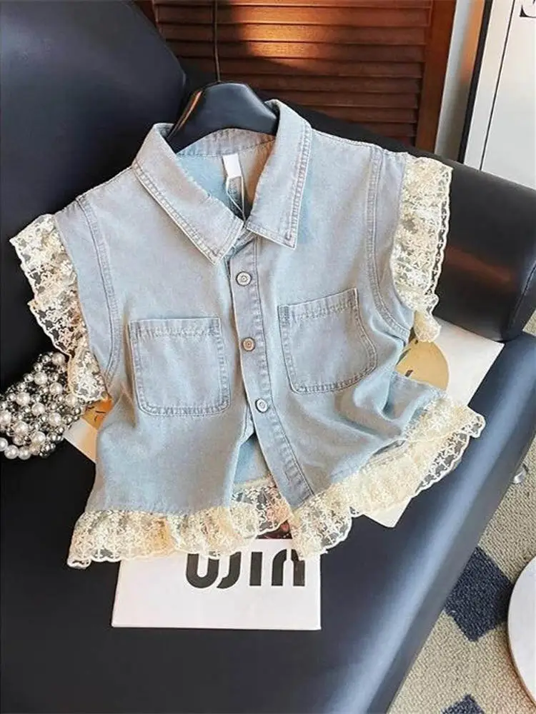 

Summer Thin Lace Detail Denim irt Women's Faion Outerwear Vest Top Layering irt Collar ort Length Svel
