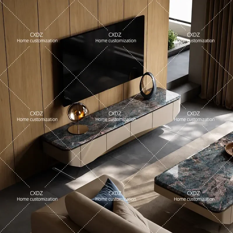 Modern light luxury natural marble TV cabinet Household high-end TV cabinet Living room natural luxury stone storage floor