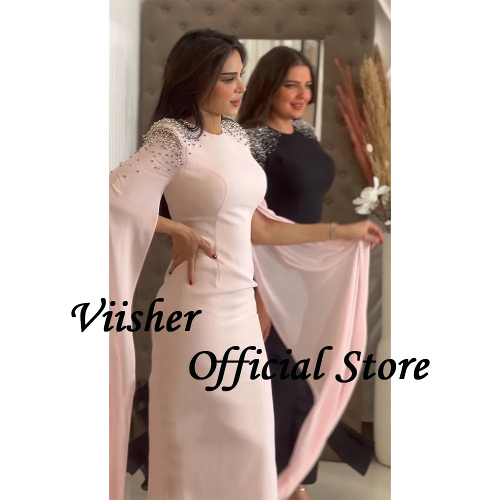 Viisher Pink Mermaid abiti da sera perle Cape Sleeve stretto lungo abito da ballo formale Dubai abiti da sera arabi