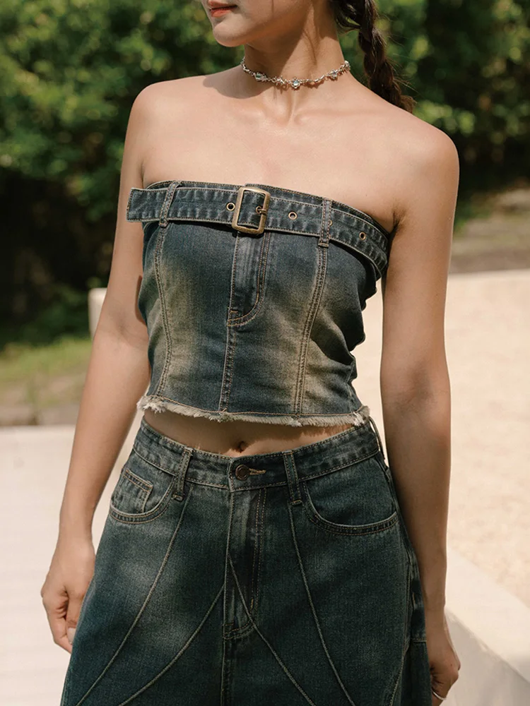 

Queenop Collaborative Deep Blue Denim Top with Belt Flat Mouth Design Women's Faion Summer Breathable ort Length