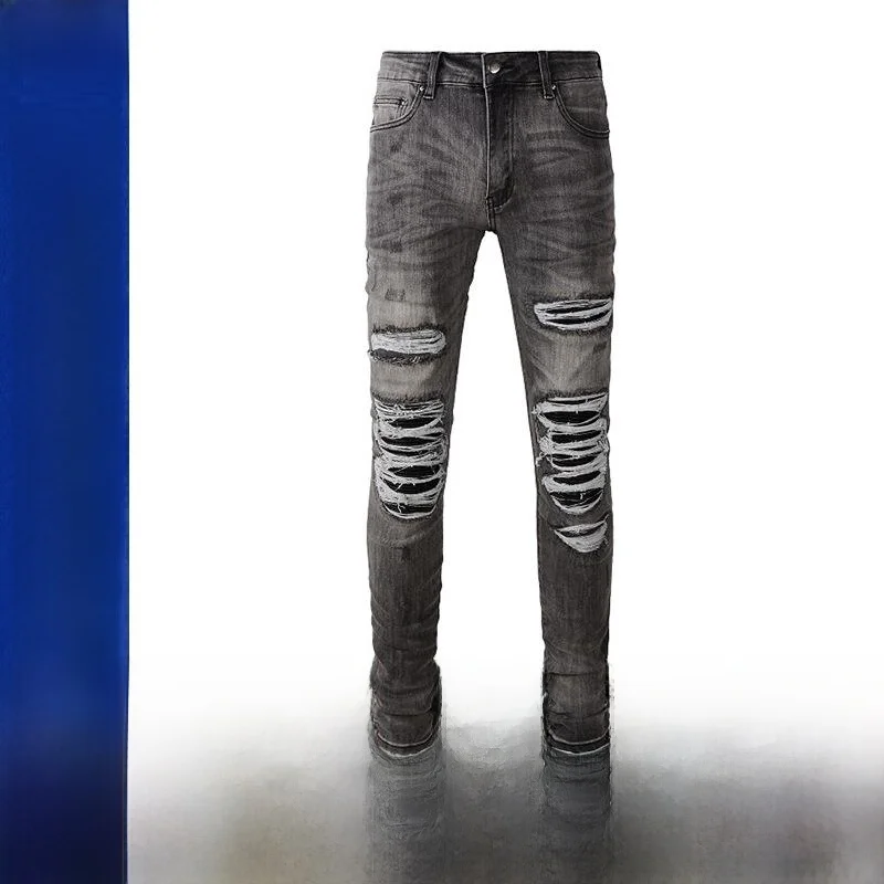 

Men's Slim Fit Casual Jeans DIY Hole Punching Fashionable Loose Leggings Double Waist Design Silk Screen Printing Resistant t...