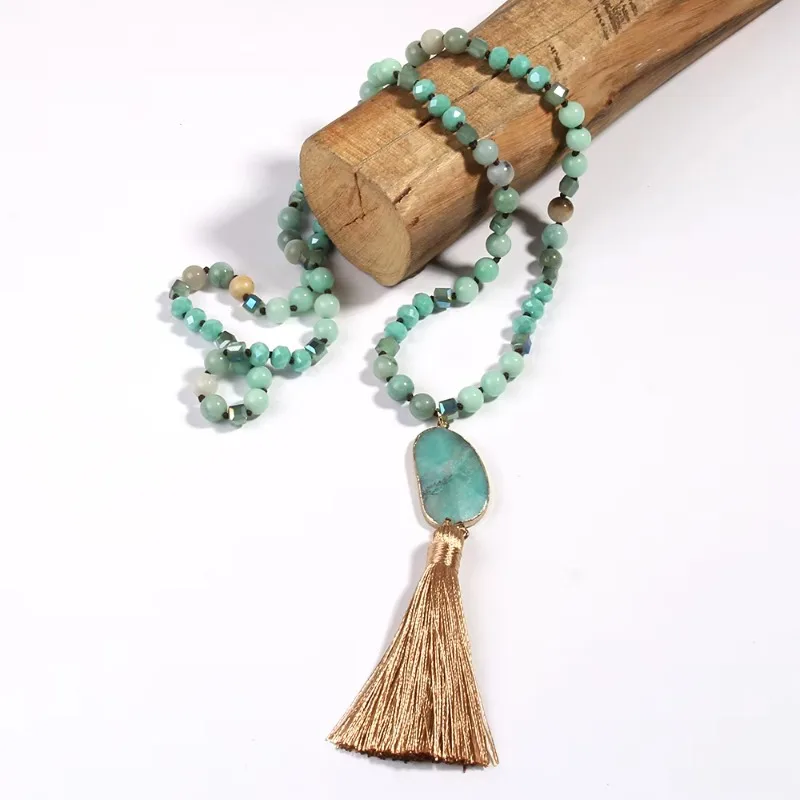 

2025 New Bohemian Ethnic Style Natural Stone Glass Knot Necklace Moon Shape Stone Tassel Necklace for Women Jewelry