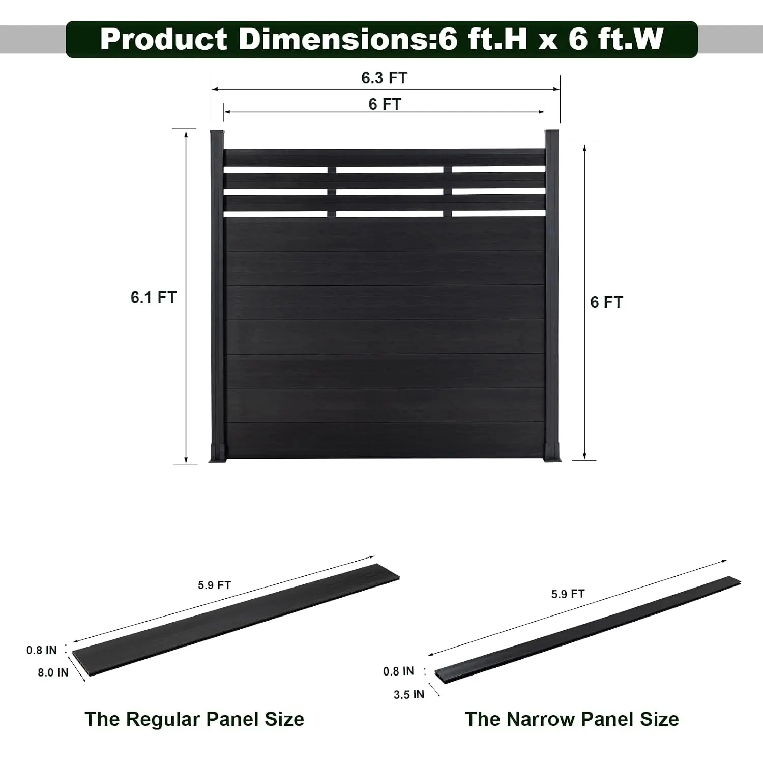 Semi-Closed Privacy Fence Panels with 2 Posts for Outside, 6ft(W) x 6ft(H), Wind Resistant Wood Plastic Composite, Customized