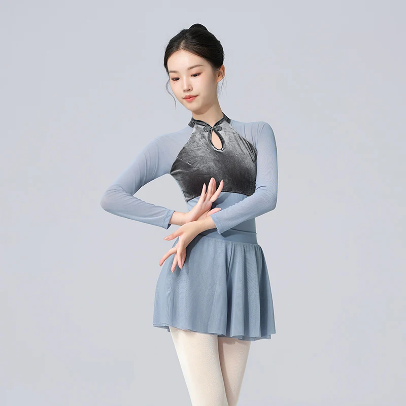 Woman Ballet Leotards Chinese Style Gymnastics Leotards Velvet Splice Long Sleeves Ballet Bodysuit Nylon Dancing Activewear