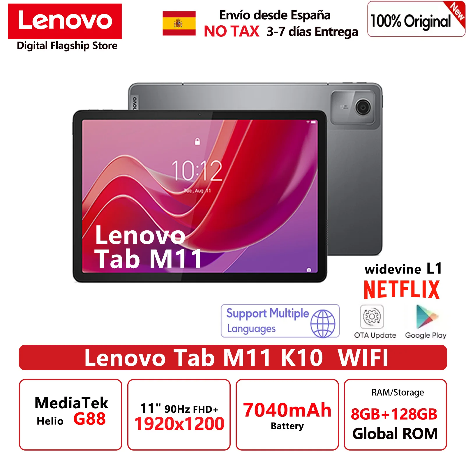 Tablet Global ROM Original Lenovo Tab M11 k10 de 11 Pulgadas con Pantalla de 90Hz, Android 13 L1, MediaTek Helio G88, 8GB/128GB, Batería de 7040mAh, 2025