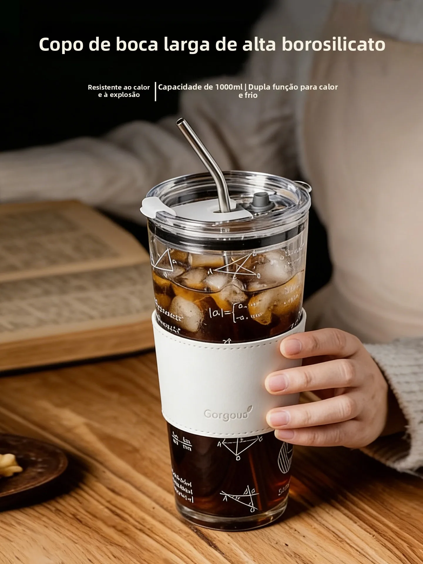大容量ガラスカップ-ストロー付き-オフィスコーヒー-アメリカーノ-ラテ用-透明感のある高級感のあるオフィス用ウォーターカップ