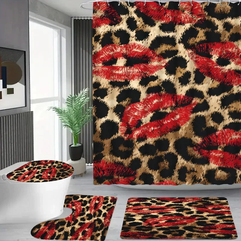1/3/4Pcs Light Luxury Leopard Print Lip Print Shower Curtain, Non-Slip Floor Mat, Toilet Mat Four-Piece Set, Bathroom Renovation