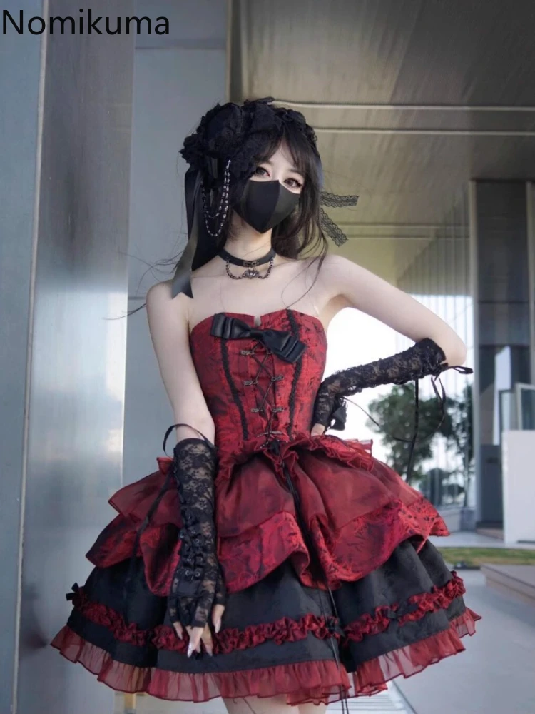 

Japanese Women's Clothing Two Piece Sets Harajuku Summer Outfits Bandage Backless Strapless Vest Slim Waist Mini Y2k Sweet Suit