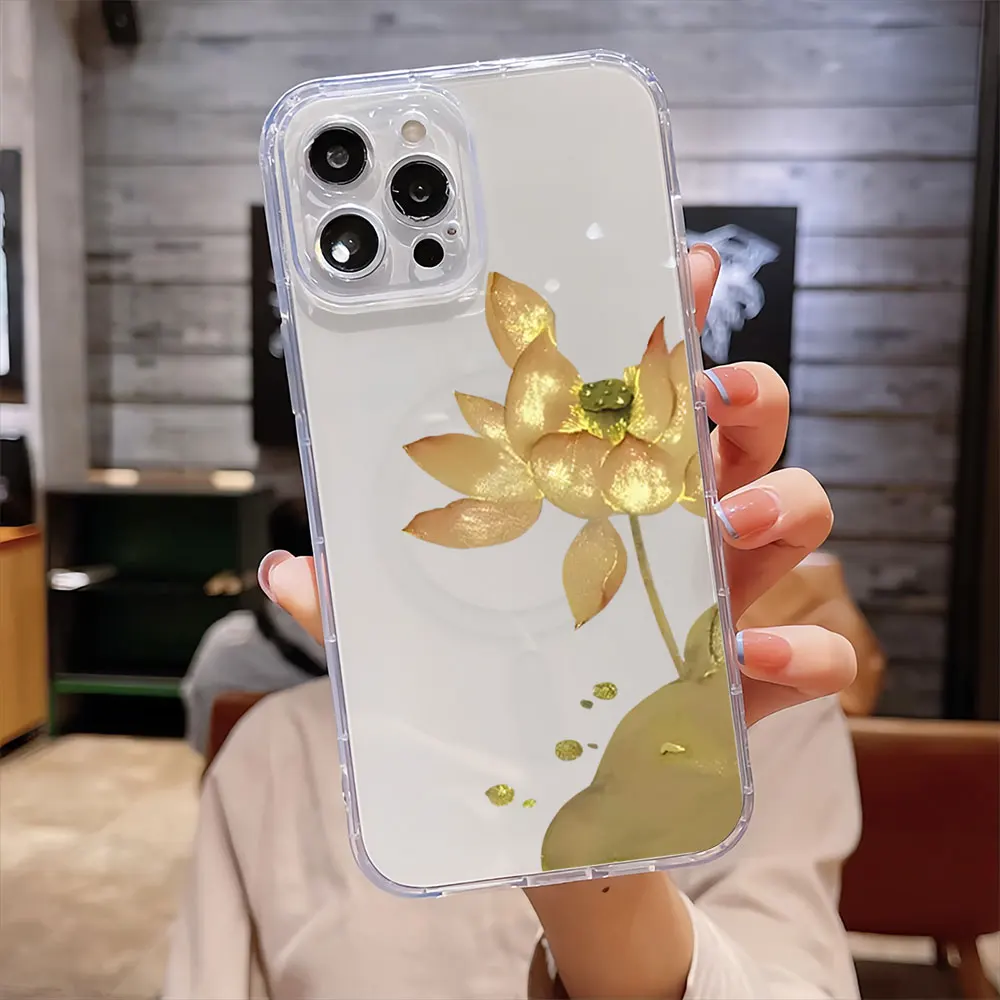 Golden Lotus Art Plant For IPhone 16 15 14 13 12 11 Pro Max Plus Transparent Magnetic Suction Phone Case