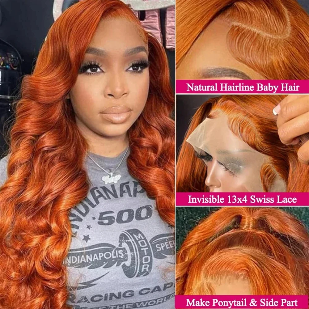 Gengibre Laranja HD Lace Frontal Peruca de Cabelo Humano para Mulheres, Onda Do Corpo, Destaque Colorido, 13x4, Peruca Frontal Transparente, à Venda, 13x6