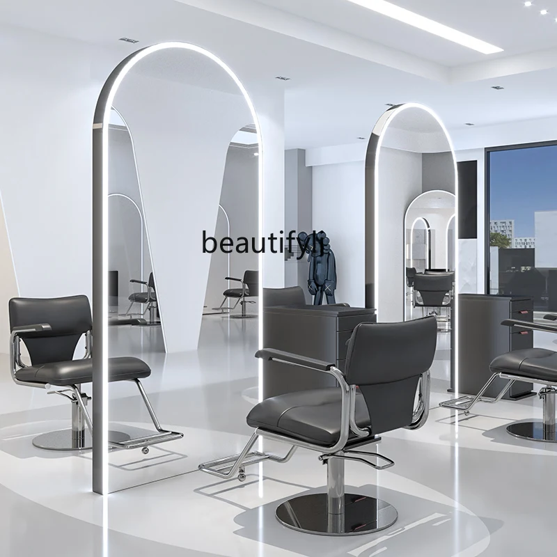 Hair Salon Single-Sided Mirror Barber Shop Dressing Table for Hair Salon Floor Mirror with Lamp Wall Mounted