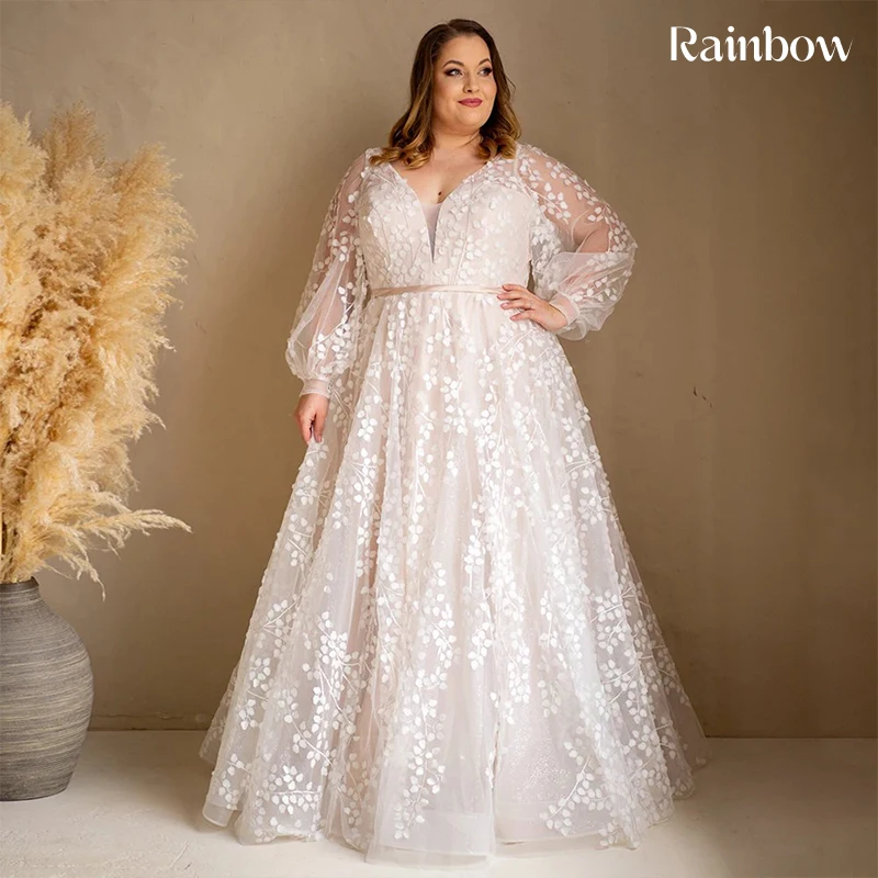 

Elegant Plus Size A-Line Wedding Dress Organza With Embroidery Ballgown Full Sleeve V-Neck Customized Bride Dress Robe De Mariee