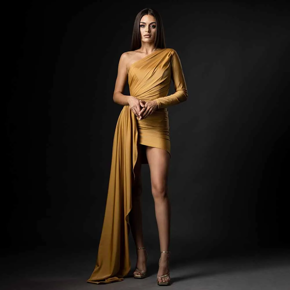 

Gold Cocktail Dress One Shoulder Long Sleeve Asymmetrical Cocktail Gown Mini Draped Pleated Spandex Women's Party Dresses Short