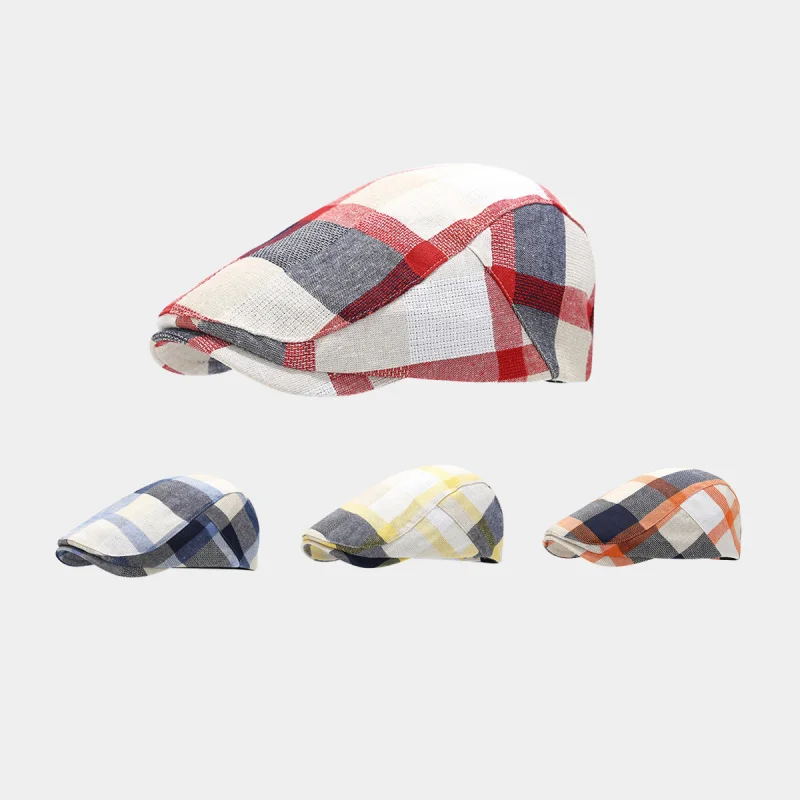 Unisex Red Blue Plaid Linen Flat Cap Casual Adjustable Vintage Ivy Newsboy Hat