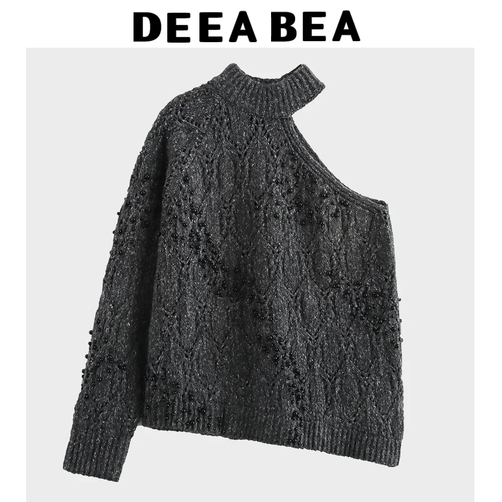 

Lazy Off Shoulder Hollow Bead Decoration Asymmetrical Long Sleeved Knitted Shirt Versatile And Fashionable Advanced Feeling